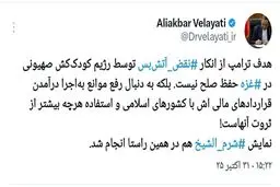 توییت دکتر ولایتی هدف ترامپ از انکار ‎#نقض_آتش‌بس توسط رژیم کودک‌کش صهیونی در ‎#غزه